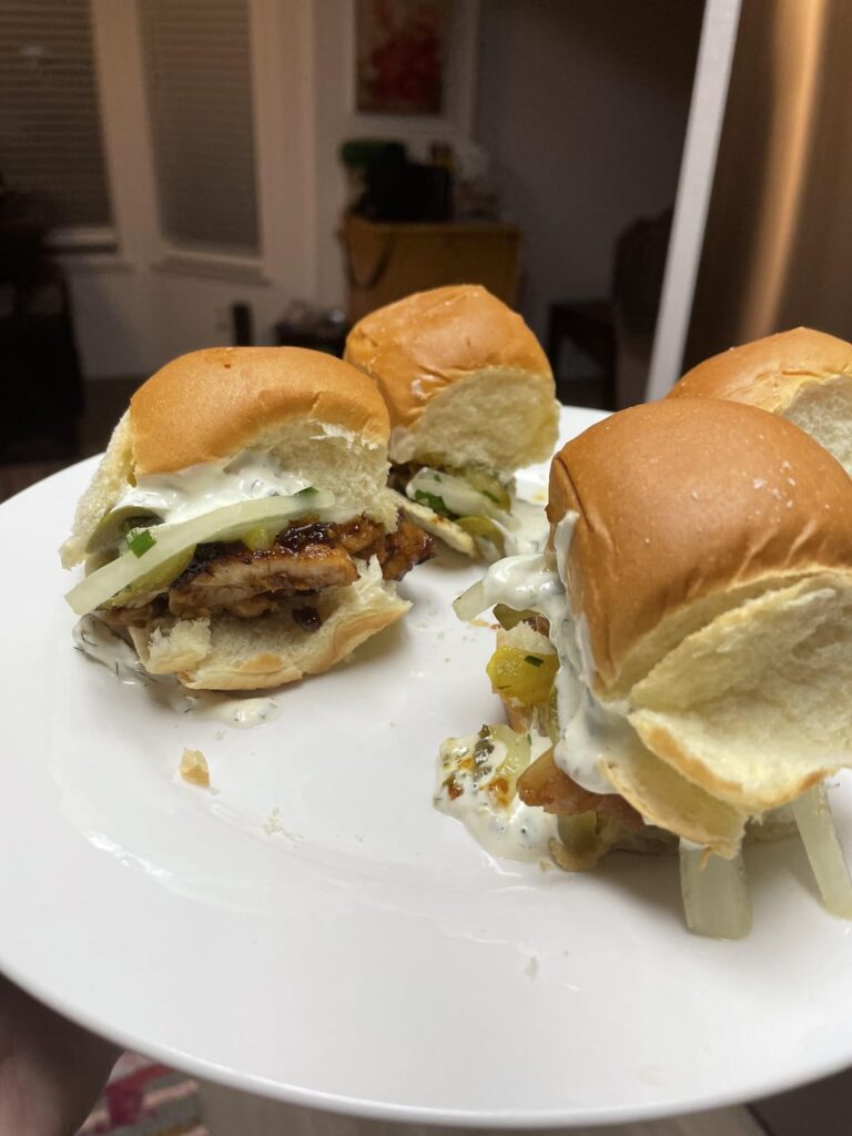 Hot honey chicken sliders with diy pickle slaw & ranch