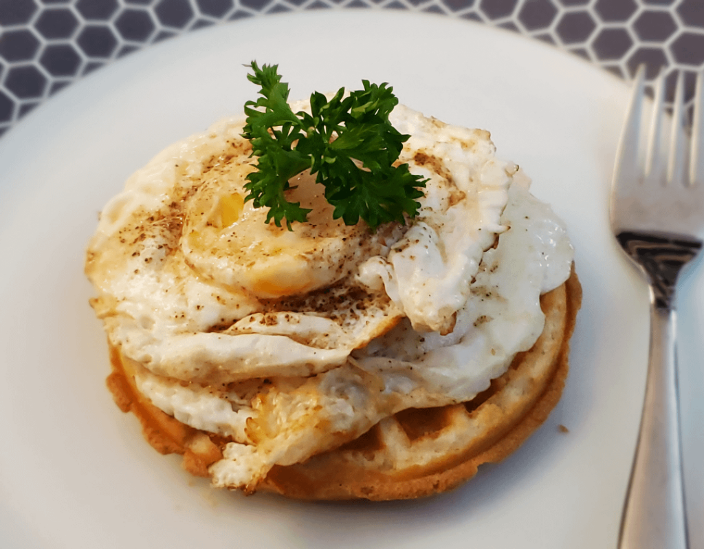 Two eggs on gluten-free waffle