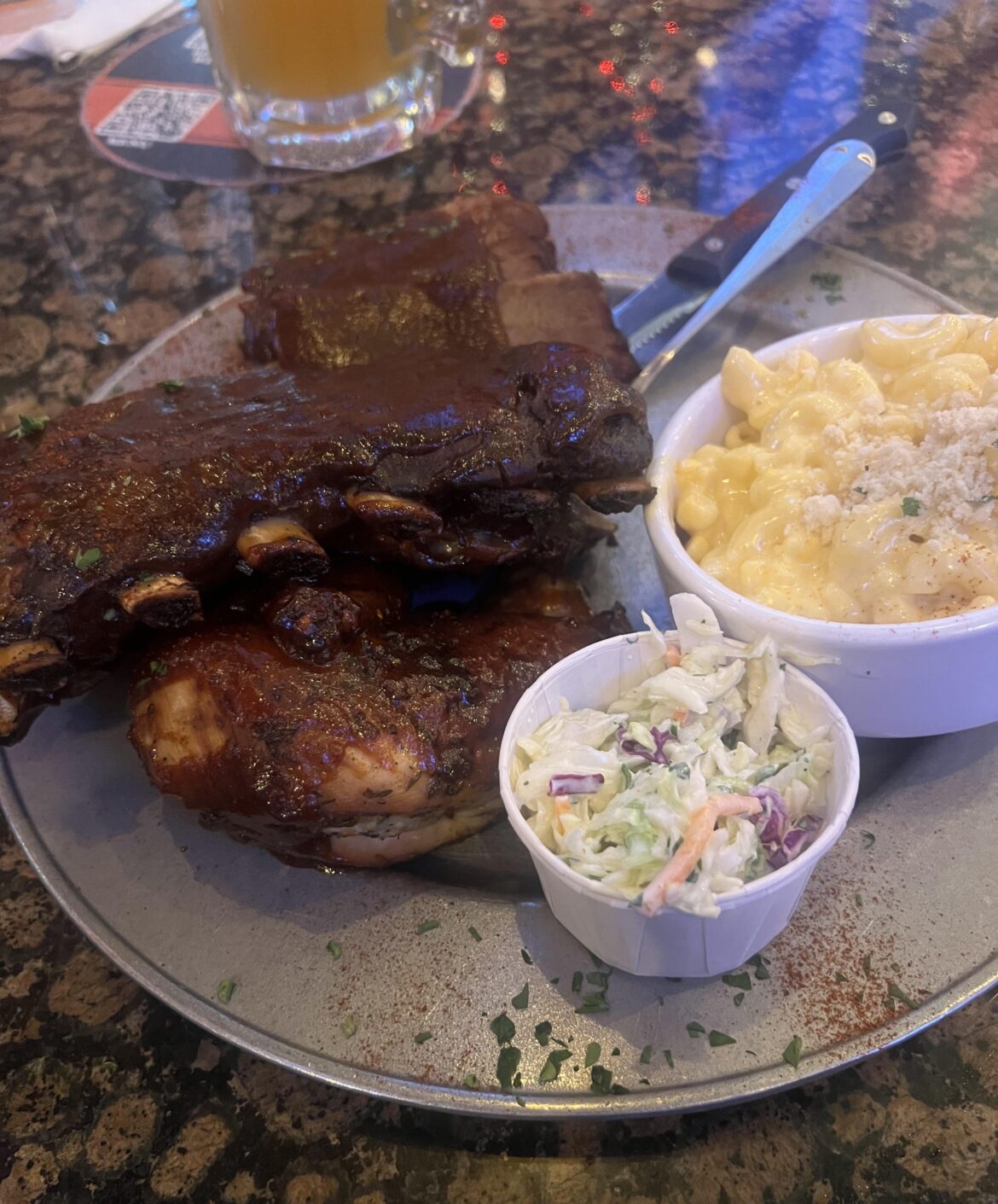 Half rack pork, half chicken and brisket and mac&cheese and coleslaw