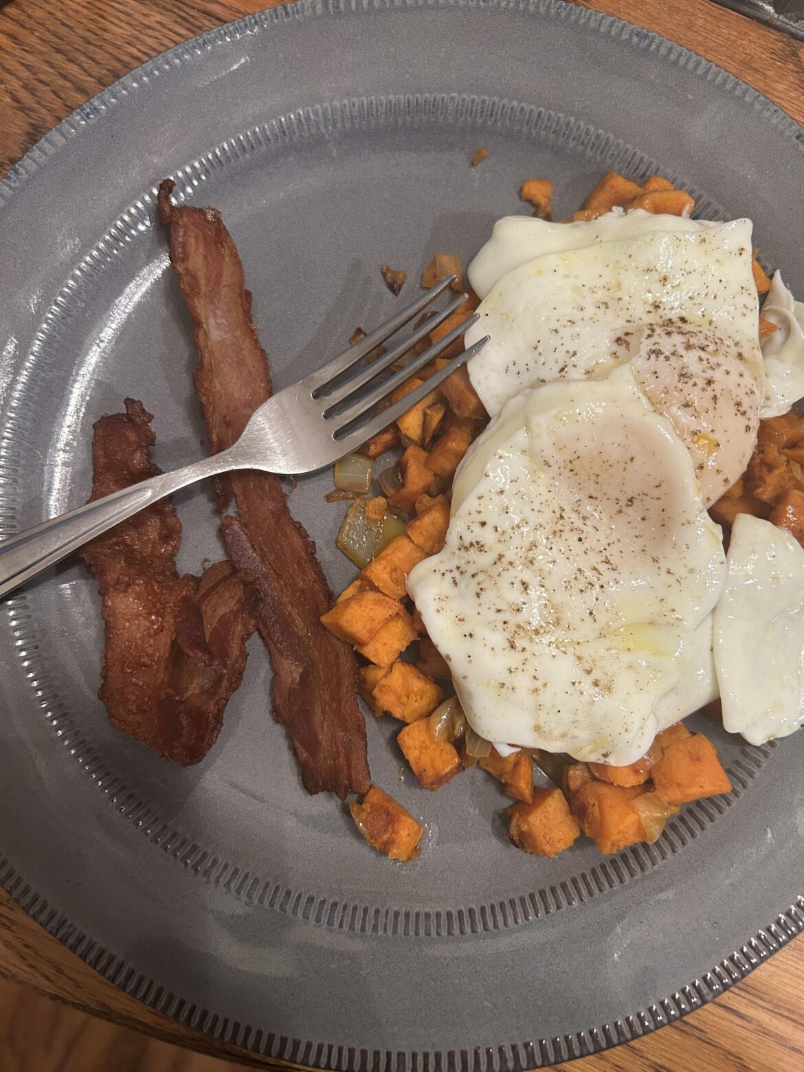 Sweet potato hash, bacon and eggs