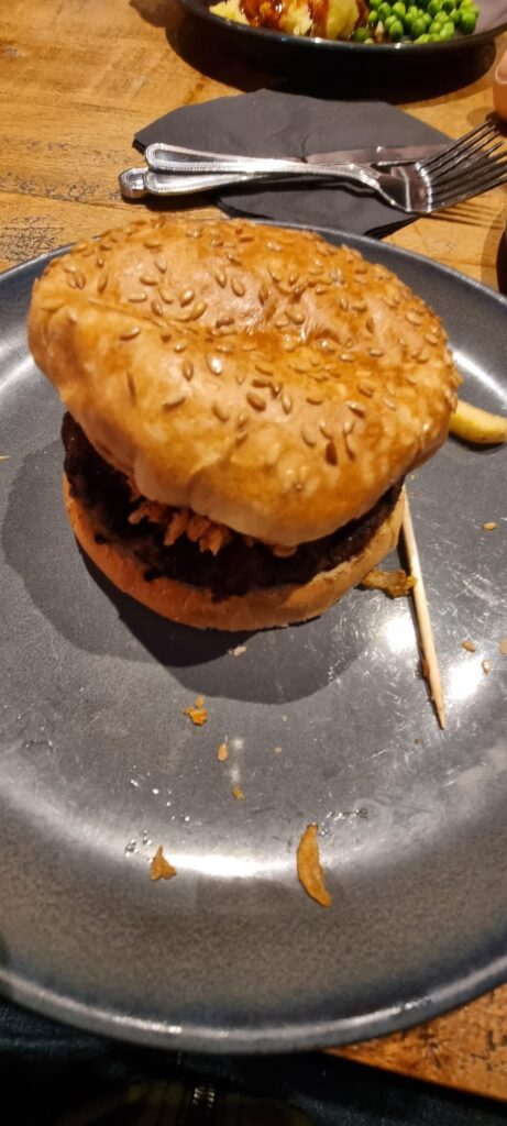 Pulled turkey with whiskey sauce in a Yorkshire, in a burger.. banging