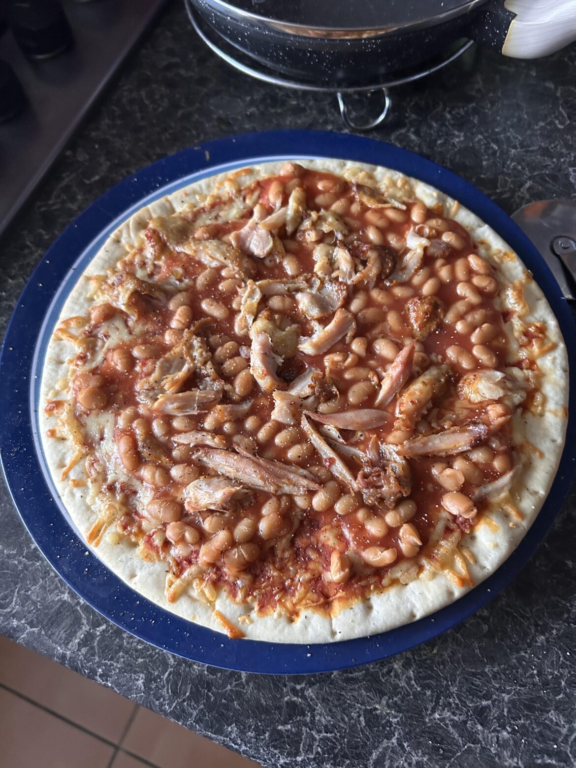 Margherita base with Baked Beans and Shredded Chicken