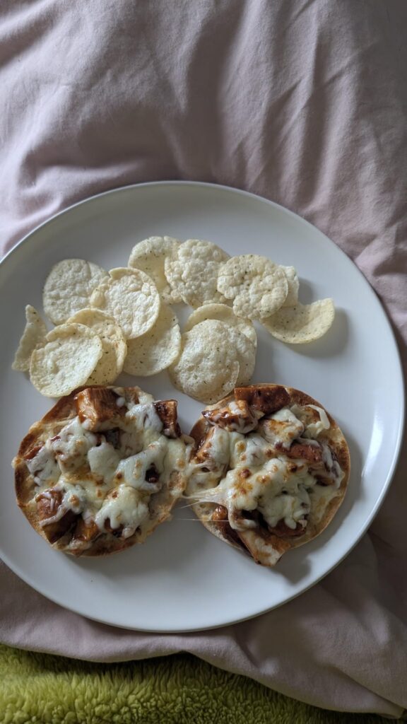 BBQ chicken bagel melts and sour cream pop chips for lunch. Coming it at 438 calories and 34.3 grams of protein