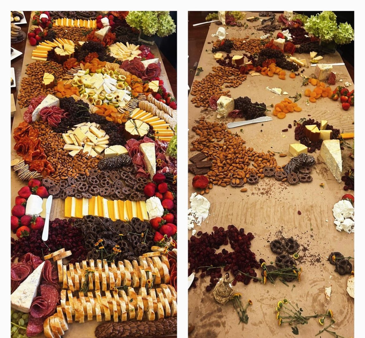 Before and after of a massive 12ft charcuterie table I did for a theater opening. Freaking animals leaving chocolate covered pretzels behind ;)