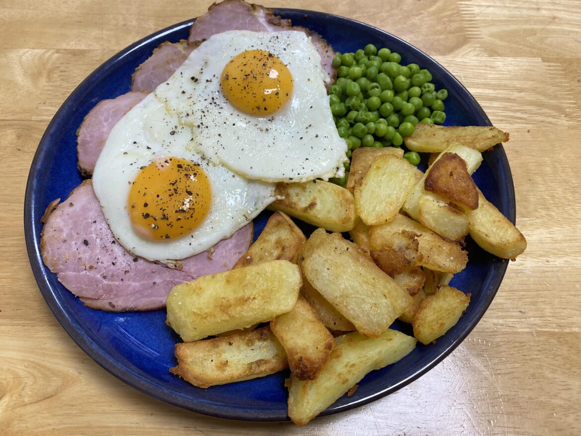 Last of the Christmas honey-mustard ham, egg, peas, and goose fat chips