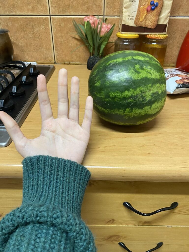 hiii, how many calories does this watermelon have? hand and kitty for scale