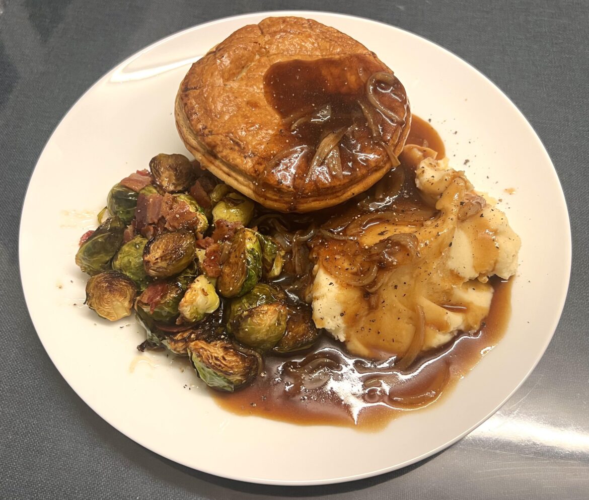 Christmas Eve Pie and Mash with roast Brussel Sprouts and bacon bits