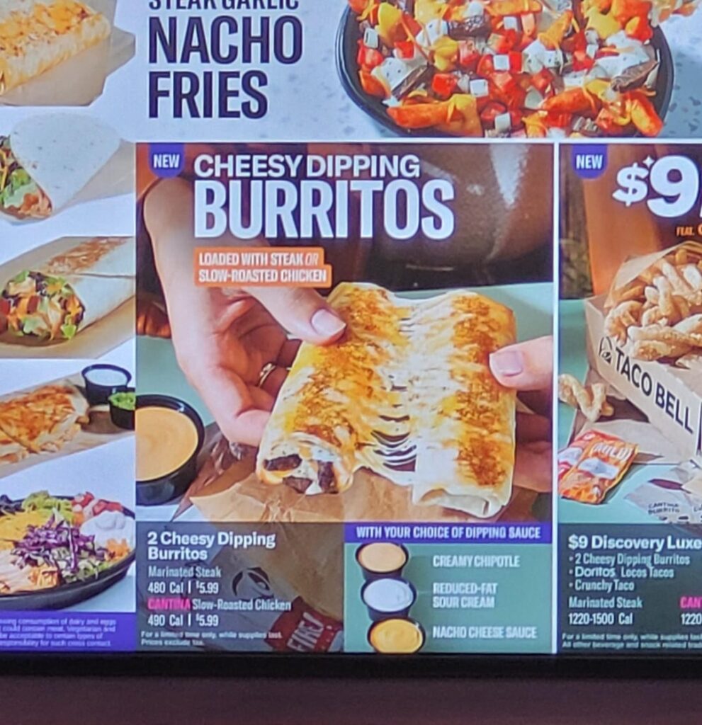 New Taco Bell cheesy dipping "burritos" menu pic vs. reality