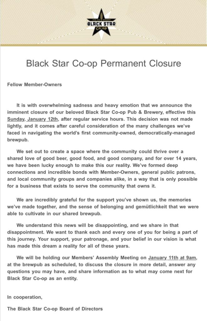 Black Star Co-Op Closing 1/12