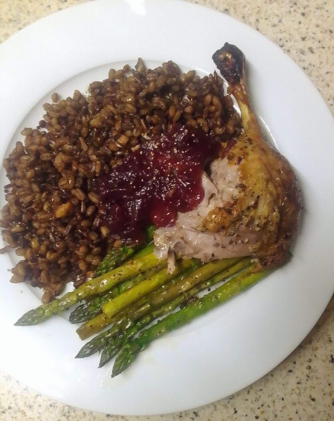 Duck leg, buttered asparagus. Aldi winter grains.
