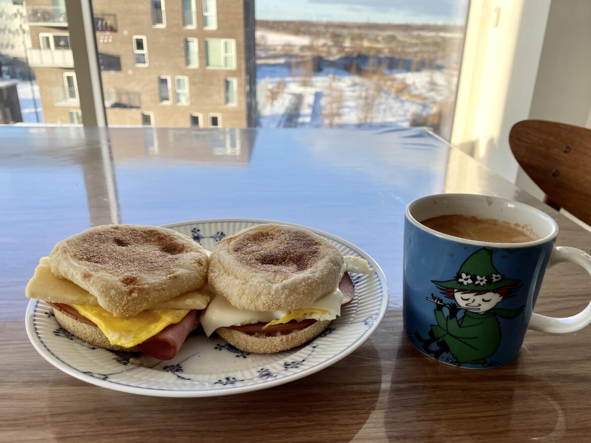 Homemade egg McMuffins and a cappuccino