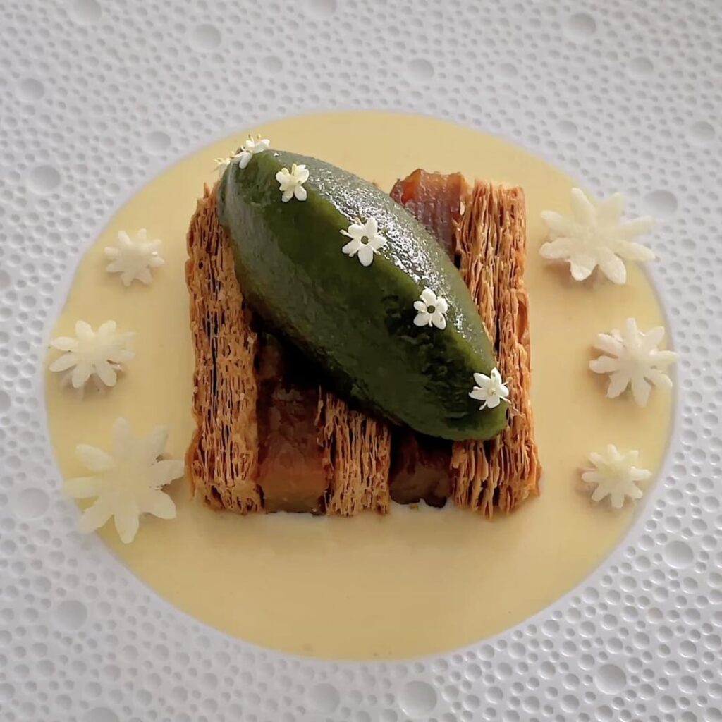 Apple Pie with Apple & Mint Sorbet, Vanilla Sauce, Cinnamon Cream & Caramelized Puff Pastry