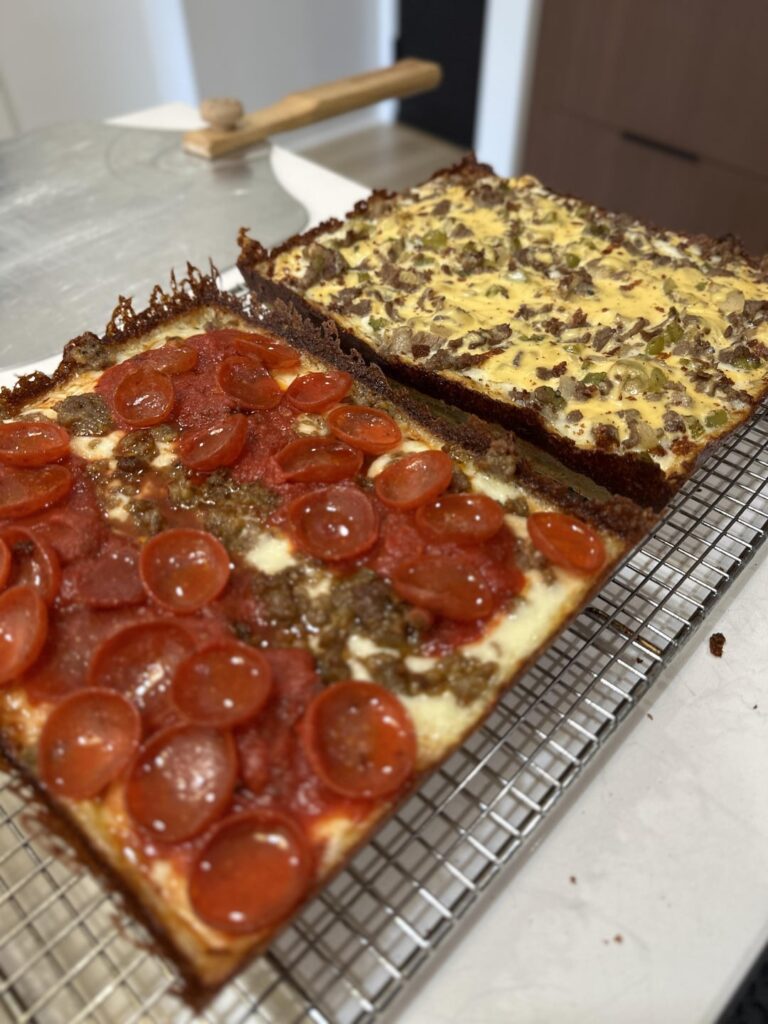 Philly cheesesteak and sausage + pepperoni Detroit style