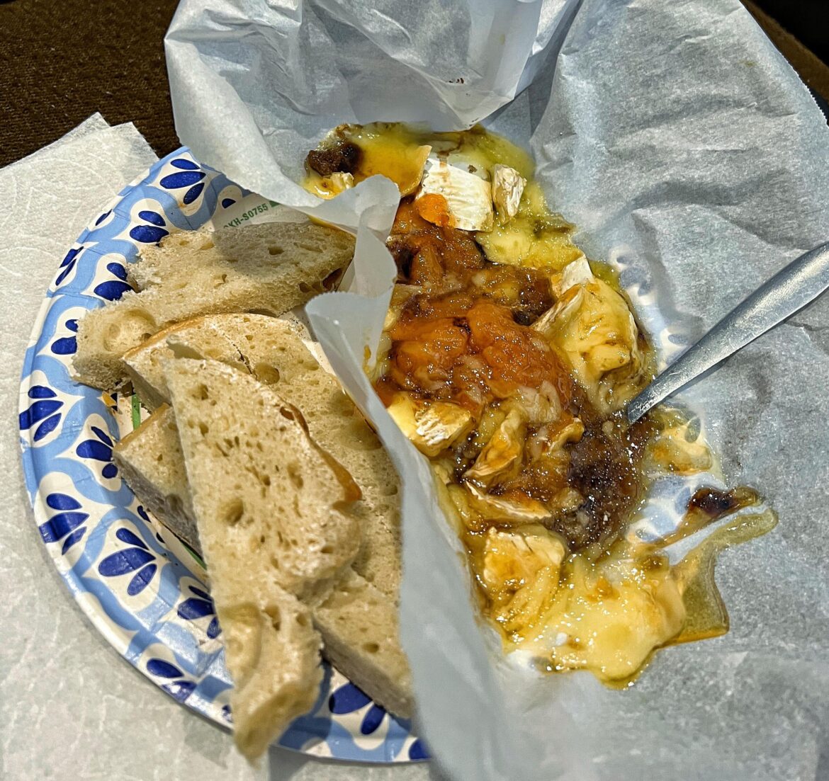 Baked Brie with brown sugar and apricot jam.