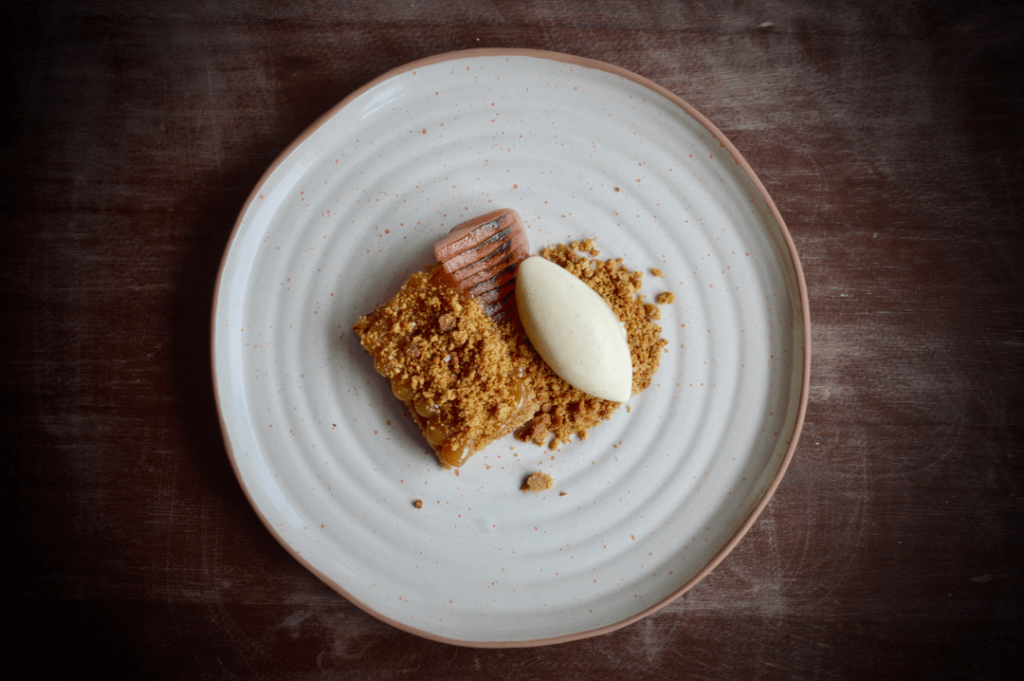 Warm Parsnip Cake, Spiced Pear Butter, Gingersnap, Ginger-Glazed Pear, Goat's Milk Ice Cream