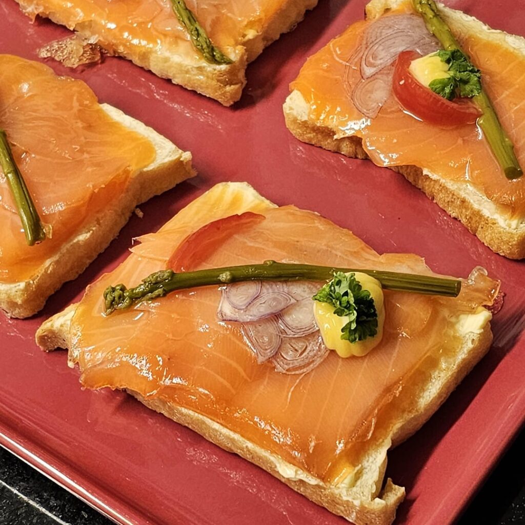 Varieties of Canapés Made from Scratch: Smoked Salmon, Ham, Salami, Chopped Egg, Tuna, and Celeriac
