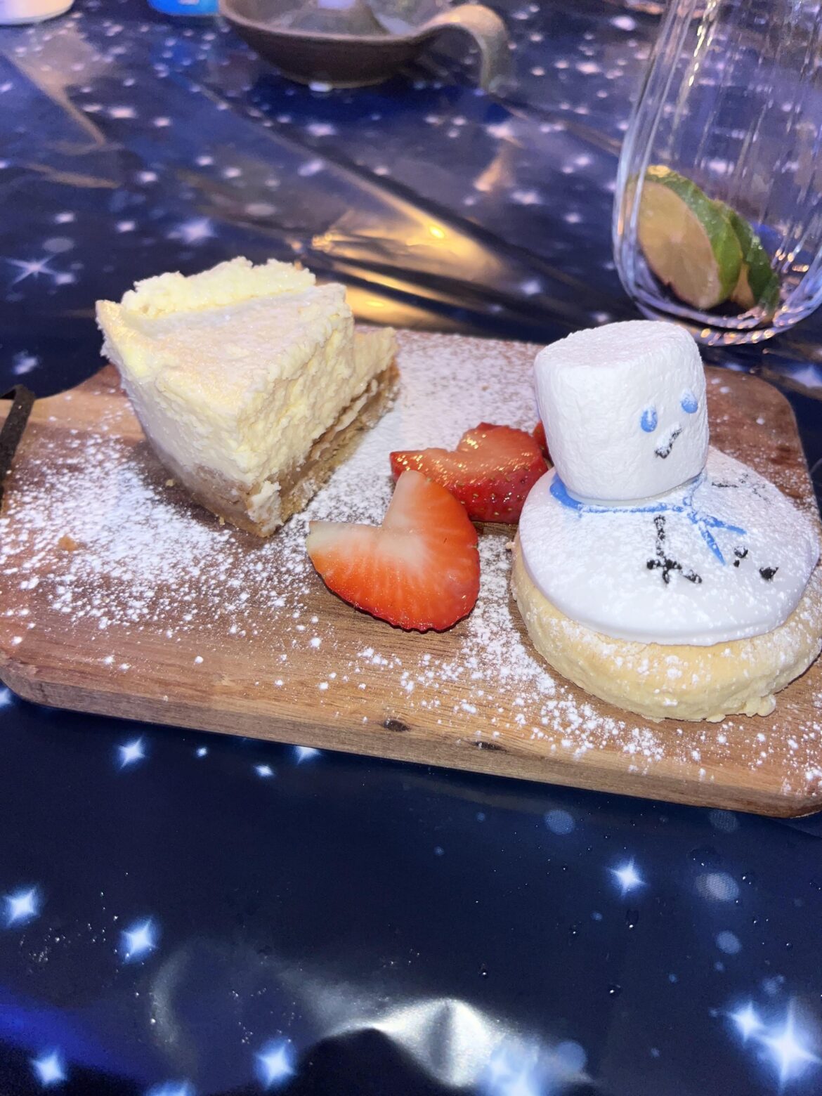 Cheesecake and snowman sugar cookie