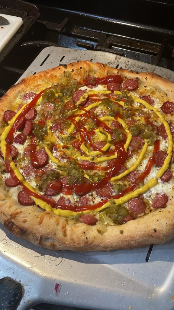 Hotdog pizza I made. You eating this or passing?