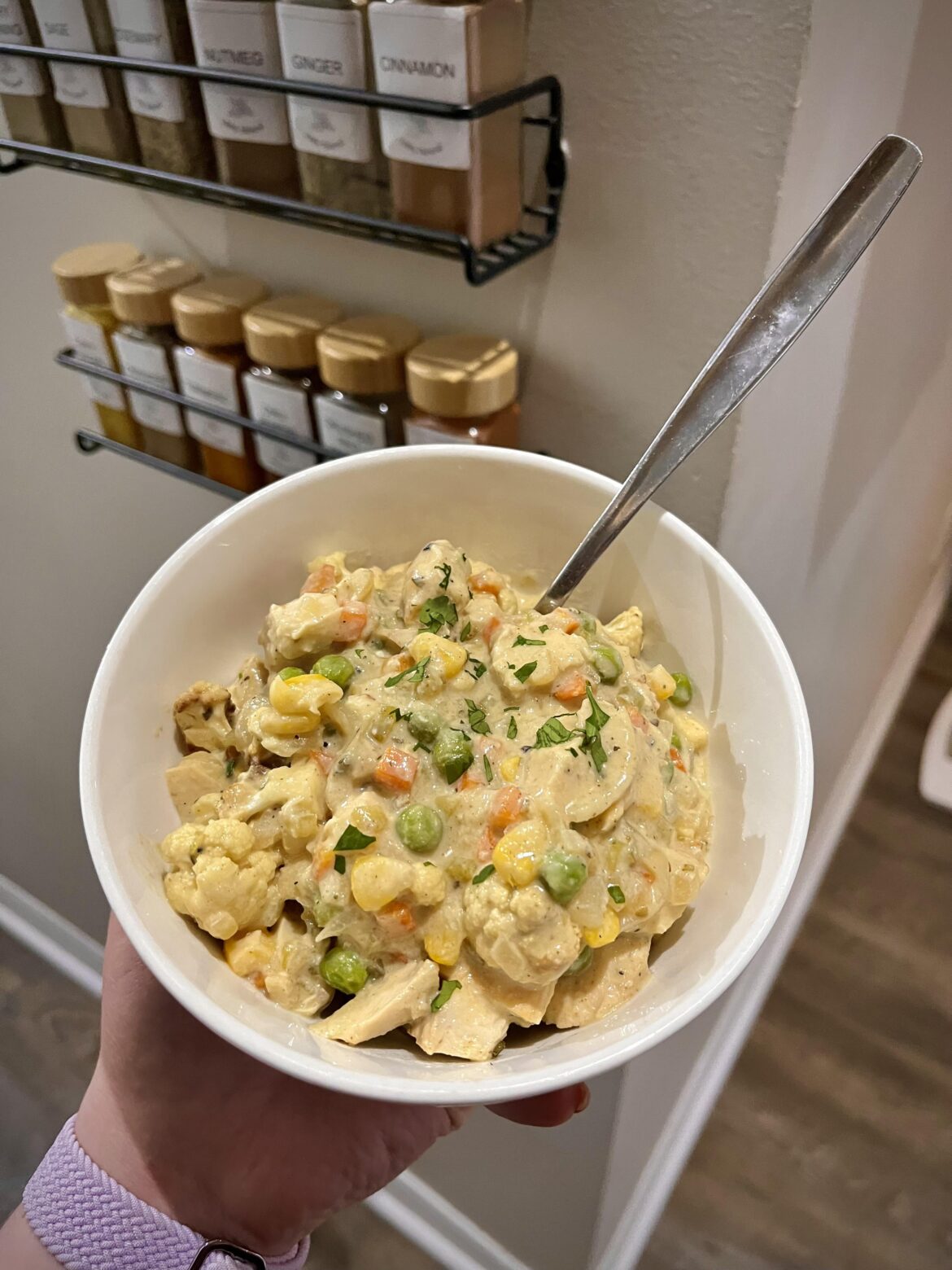 Chicken Pot Pie Stew - 337 calories and 50 grams of protein. The stew is made with broth, blended cottage cheese and plain high protein yogurt instead of a typical roux.