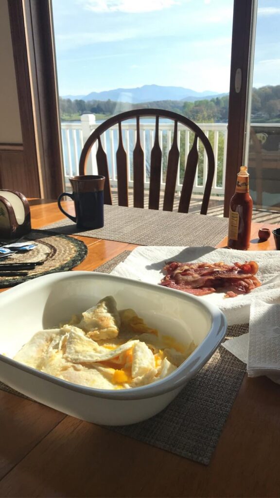 Eggs and bacon with a nice view