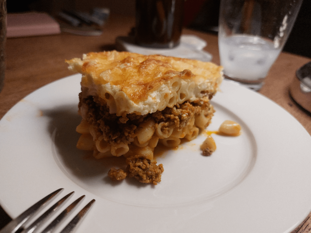 Enjoying some delicious cold pastitsio after my late shift.
