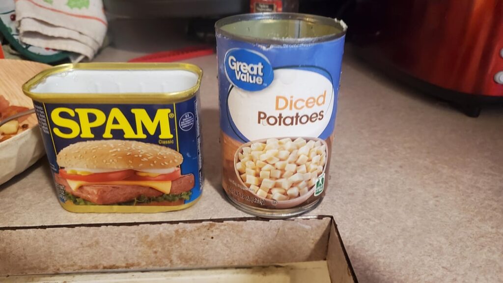 Sp*m and Walmart canned diced potatoes hash.