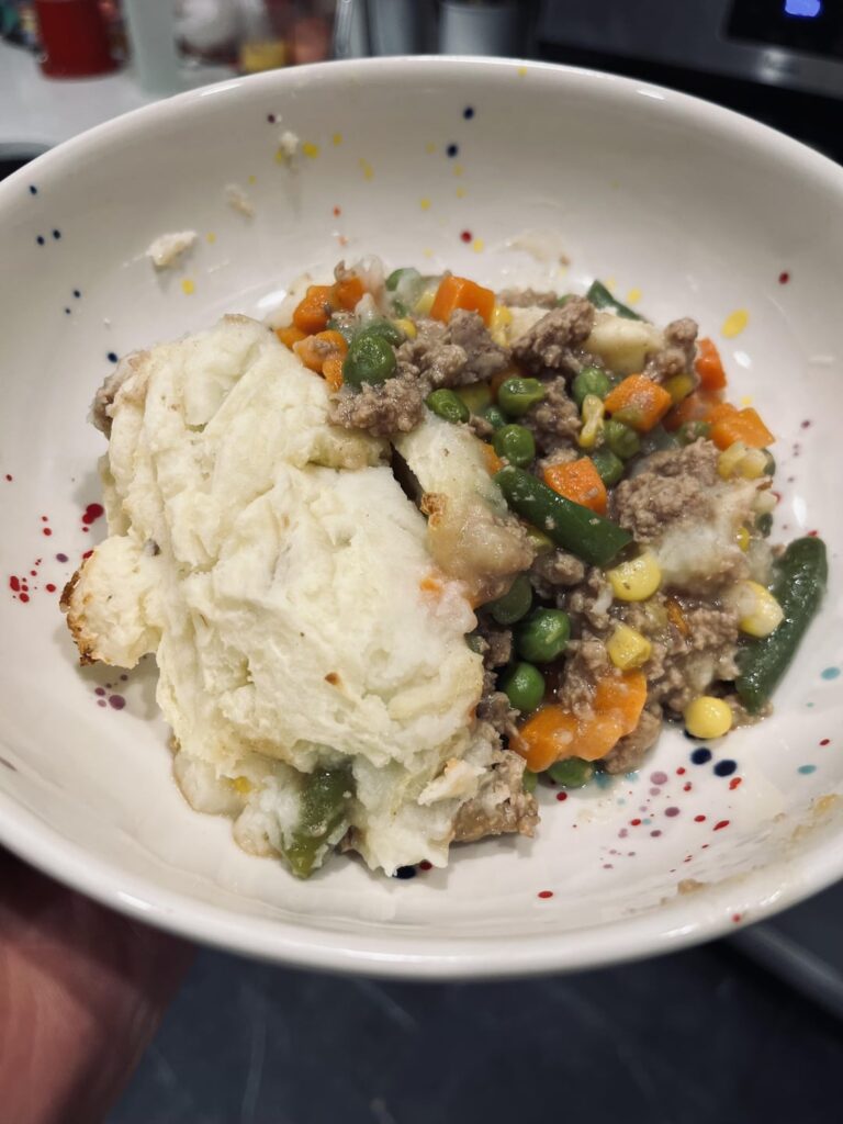 Uncompromising Comfort Food: Shepards Pie. Less than 550 calories per serving, 6 servings, for under $15.