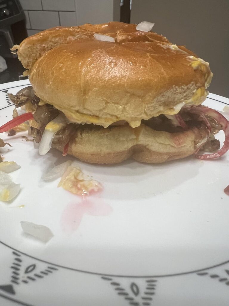 Terrible photo of burger but has 3 types of onions!