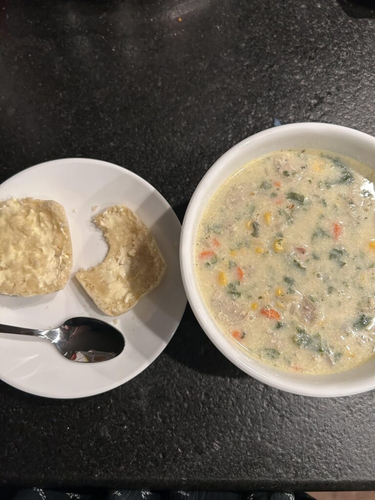 Soup and dinner roll, just under 600 cals
