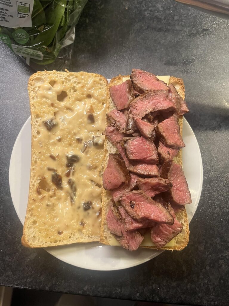 Fillet steak panini. Caramelised onion mayo, spinach, provolone cheese, diced mushroom, caramelised onions.