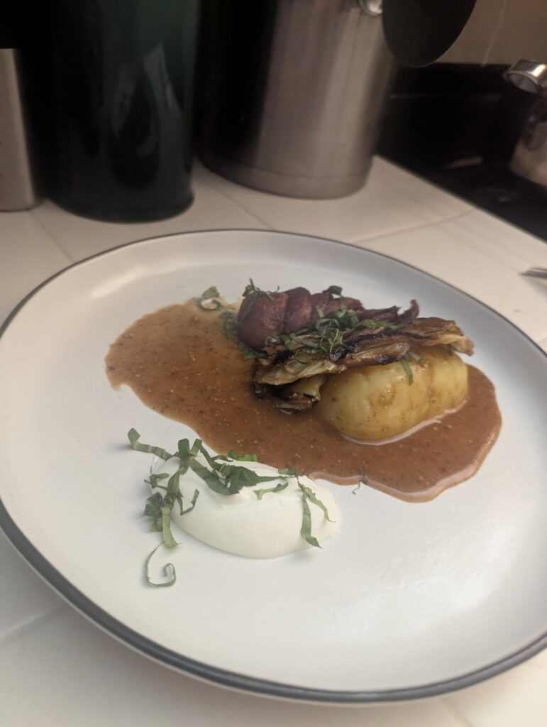 Kielbasa, charred-braised cabbage, poached lemon-dill potato, mustard-bouef demi, creme fraiche , fresh basil