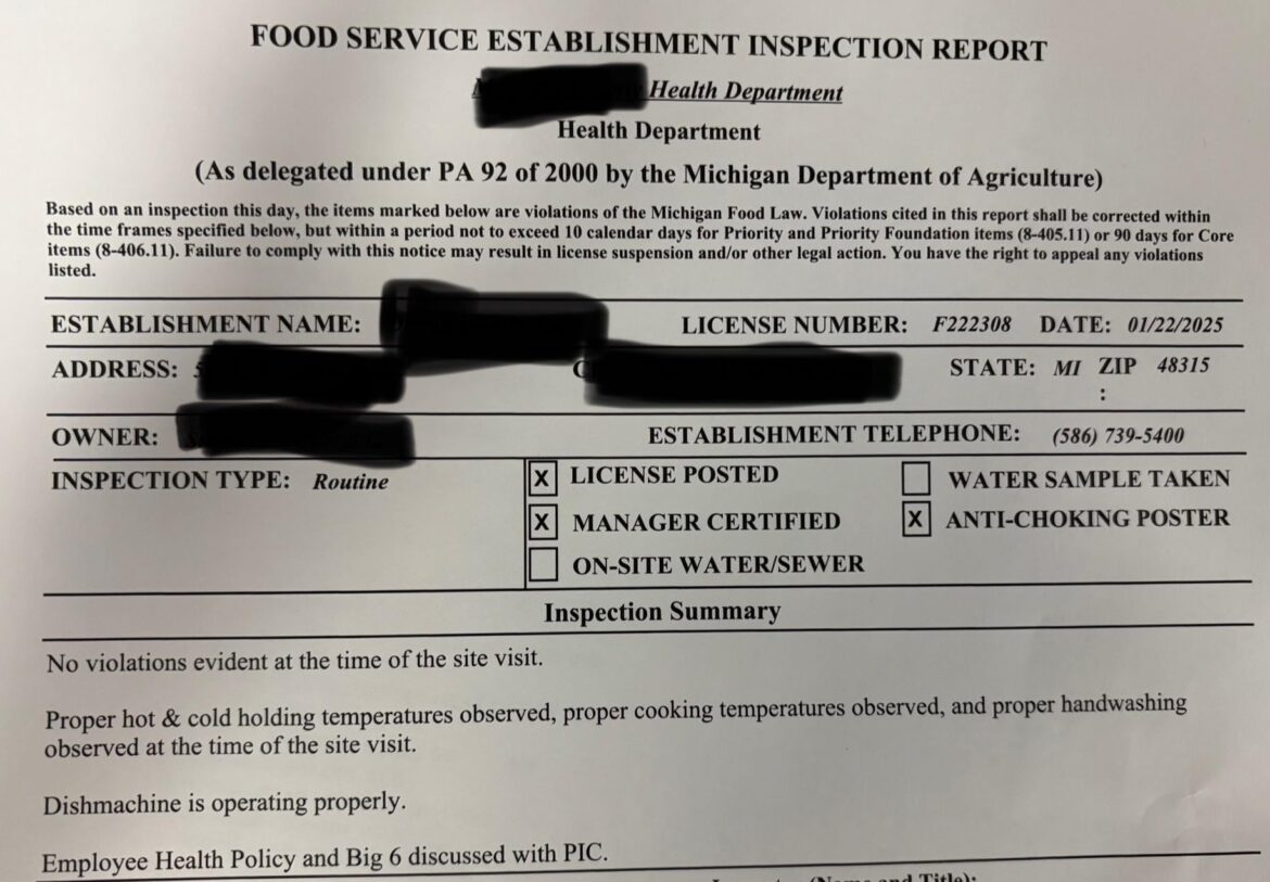 I had my first health inspection after taking over as the head chef. I was very worried about it and for the first time in my life i received not even one violation.