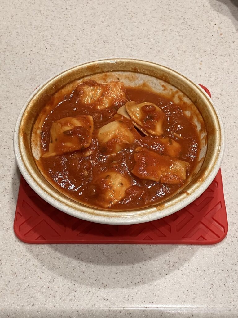 Chef Boyardee Overstuffed Ravioli with real marinara ($2 total, 5 min prep, yum)