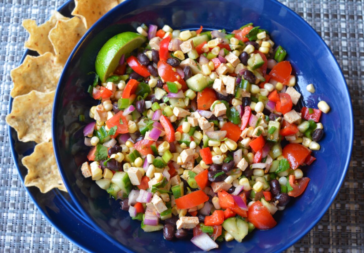 244 cal for 2 cups corn and bean salsa salad with added marinated tofu