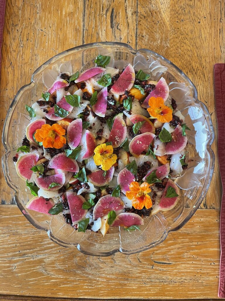 Halibut (iirc) crudo, blackberry salsa, stone fruit, watermelon radish, basil, nasturtium