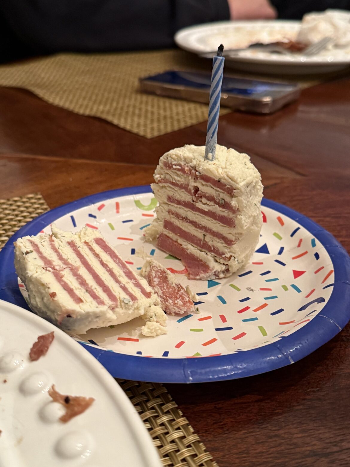 My parents made my carnivore husband a cake for his birthday.. spam and bourison cheese