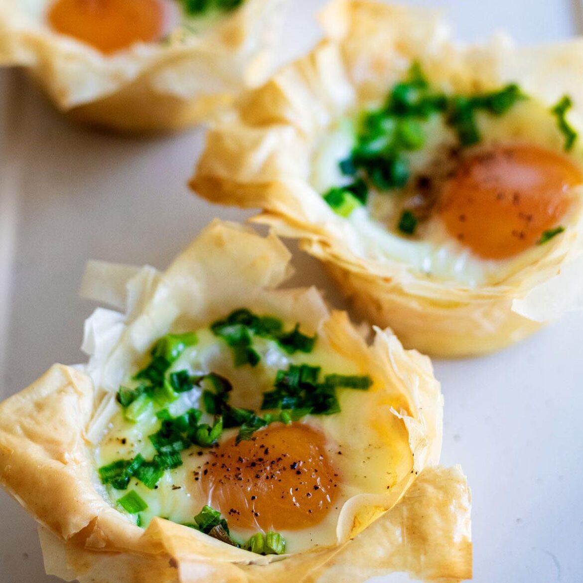 easy Phyllo breakfast cups - eggs, green onions, and parmesan cheese
