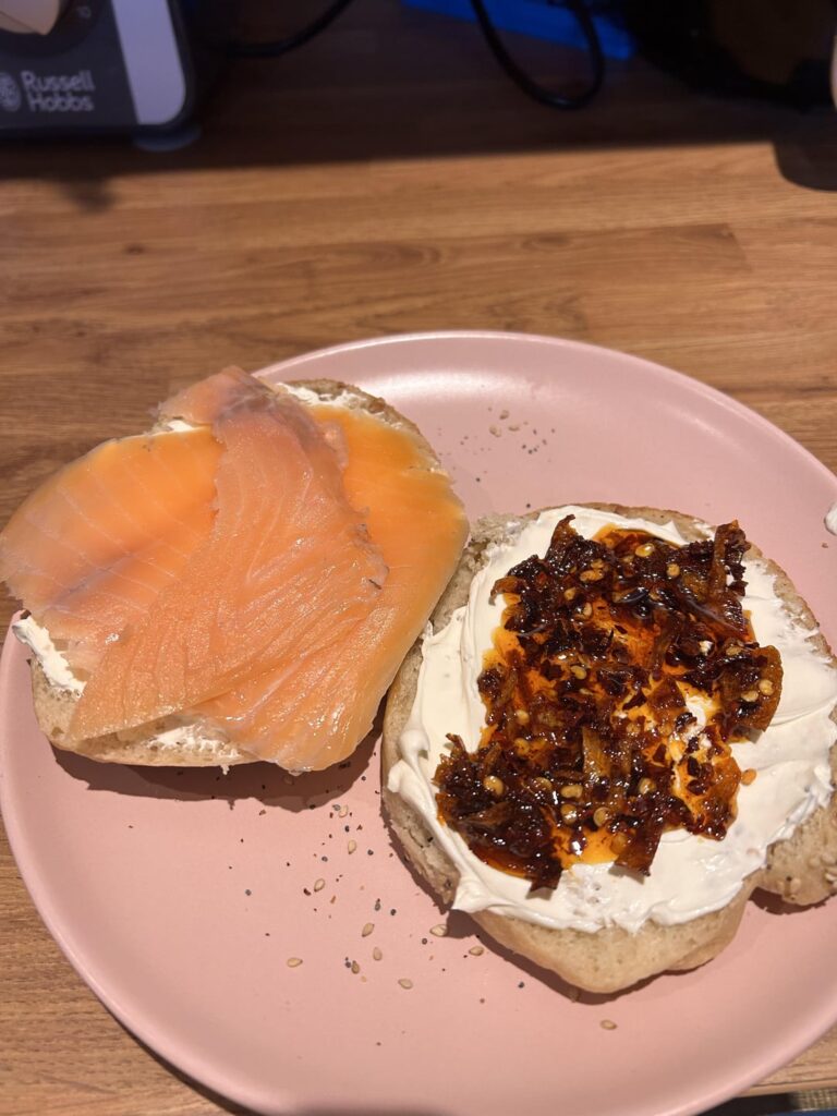 Home made everything bagels and home made crispy fried shallot and chilli in oil with shop bought cream cheese and smoked salmon