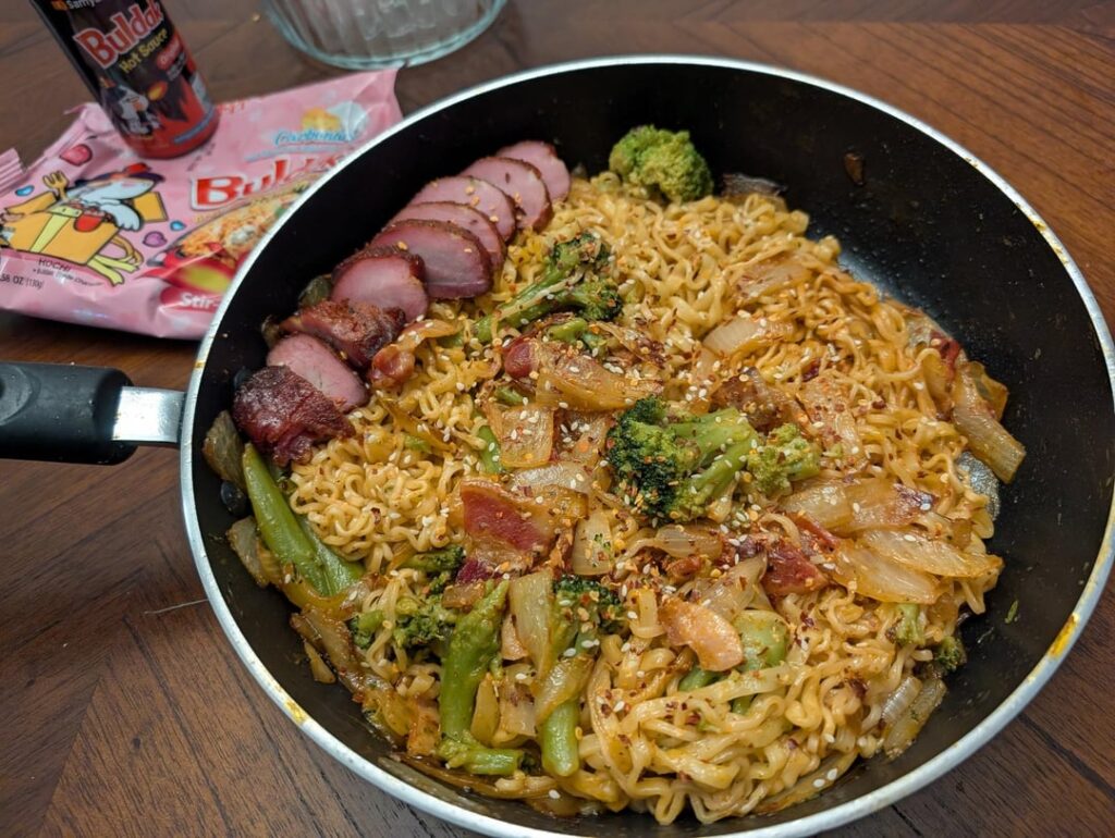 Buldak Carbonara pan fried in bacon fat