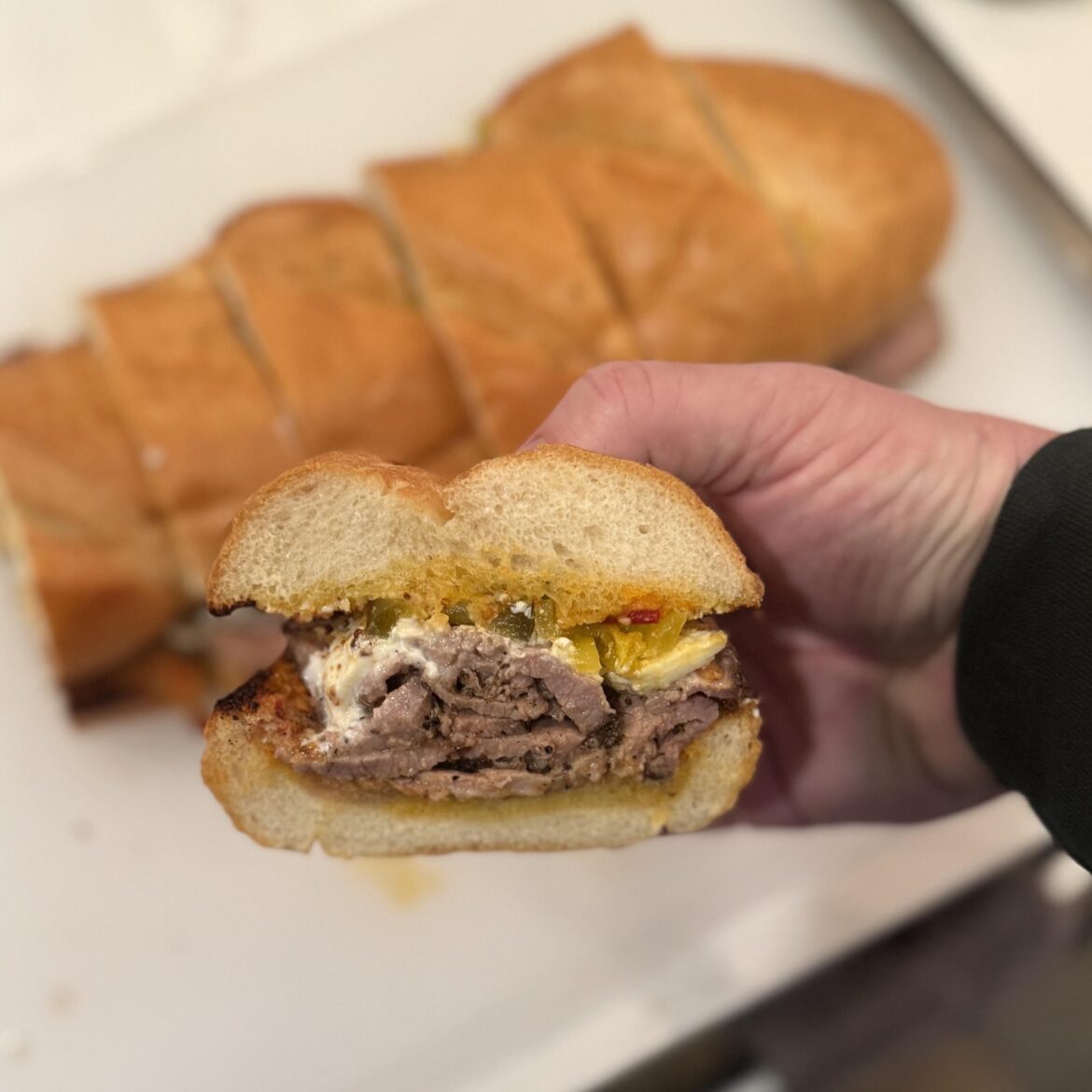 I want to do a sandwich pop up with this, roast beef on garlic bread with Burrata and pickled peppers.