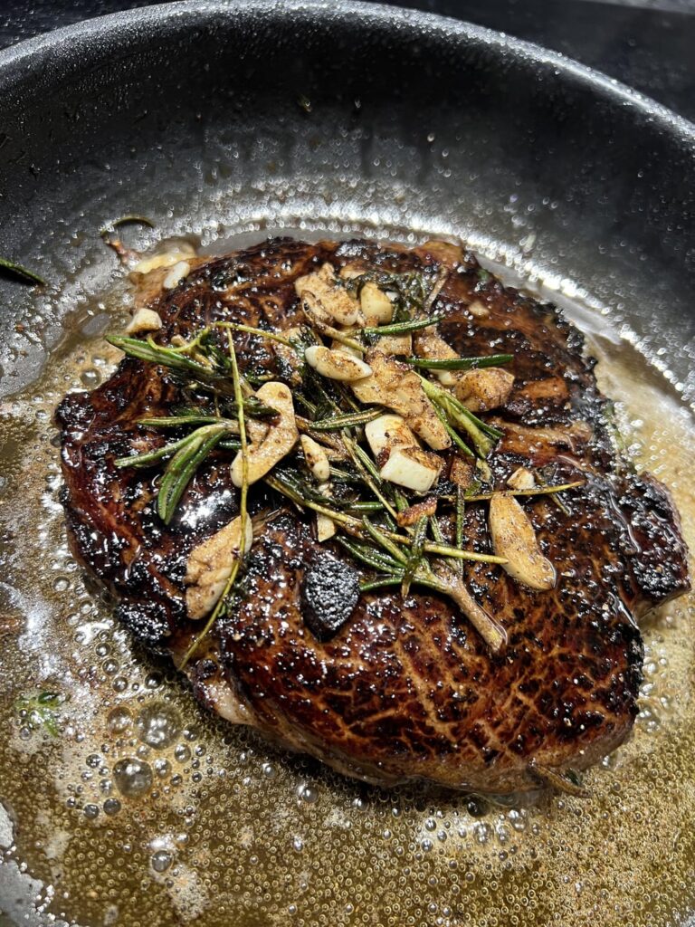 NYE Ribeye and Argentinian shrimp in a garlic/wine,chilli emulsion.