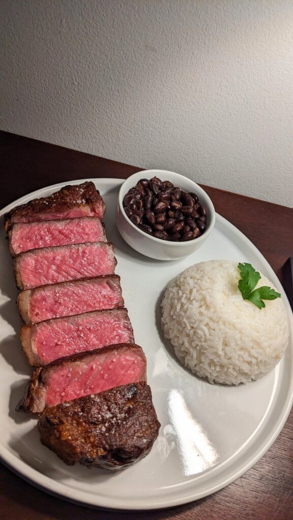 CAB Prime Strip with Rice and Beans. Start to finish pics (reverse order)