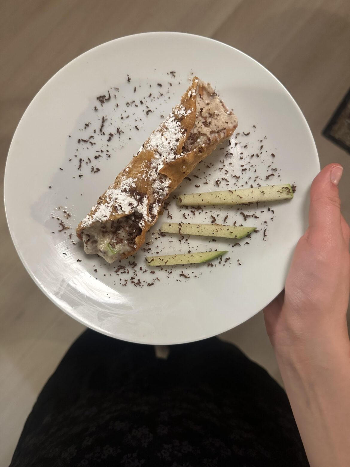 Green apple cinnamon cannoli with dark chocolate