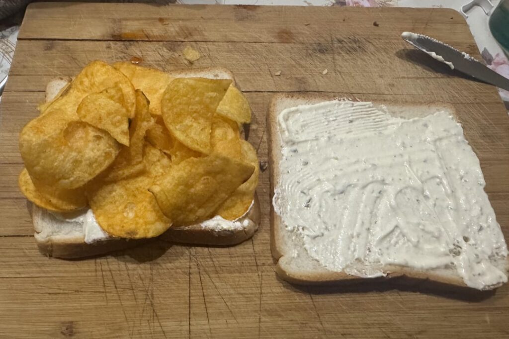 A crisp sandwich with cream cheese, garlic mayo and bacon-flavored crisps. I’m ashamed to admit it was so good I made another one almost right away (with tea this time)