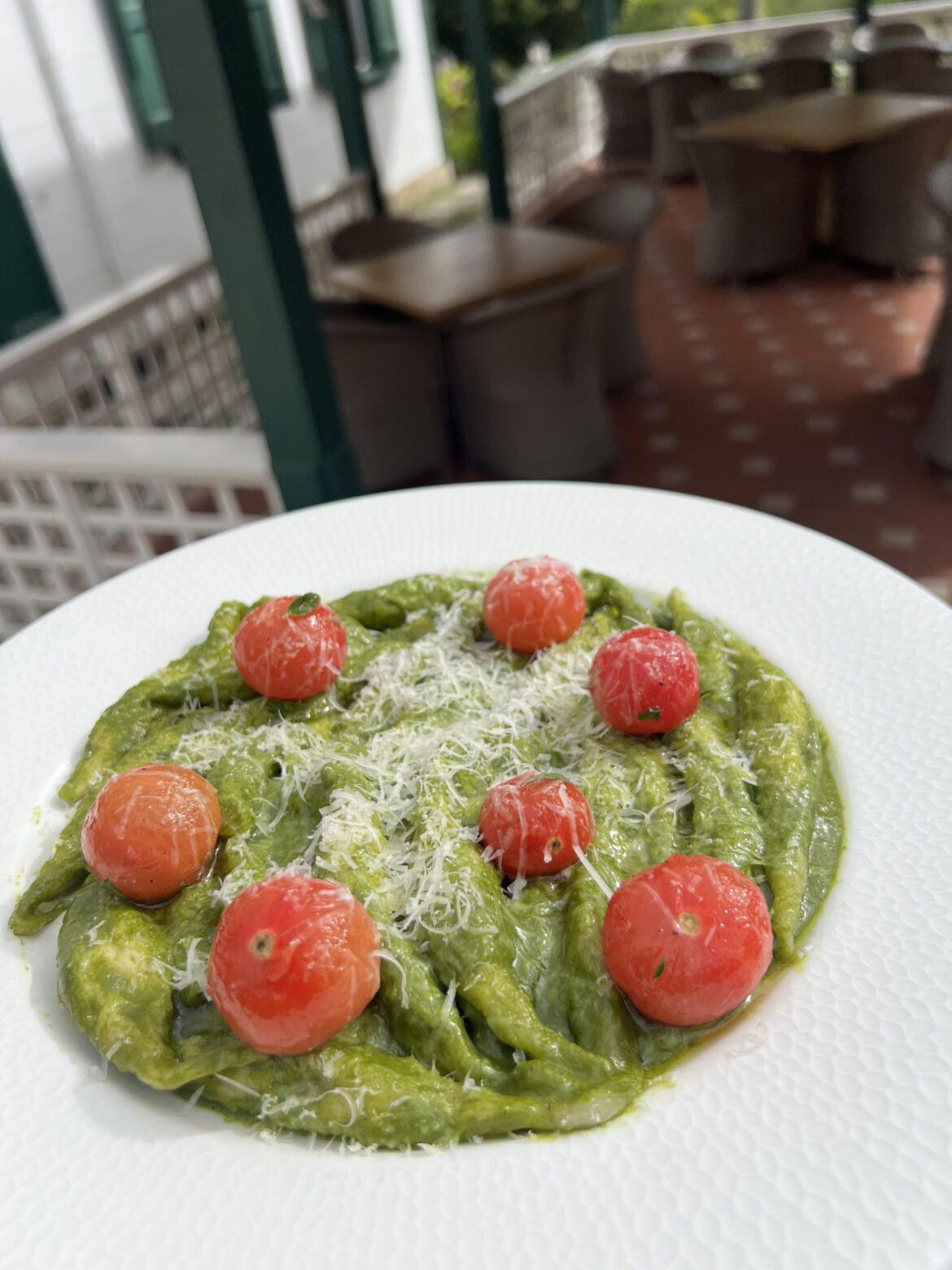 Cecamariti with Spinach Pesto, and Marinated Tomatoes.