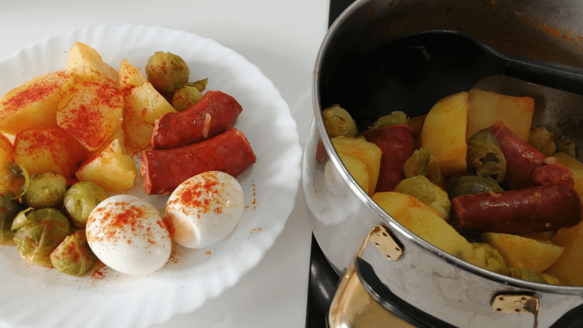Boiled Potatoes, Brussel Sprouts, Chorizo & Eggs