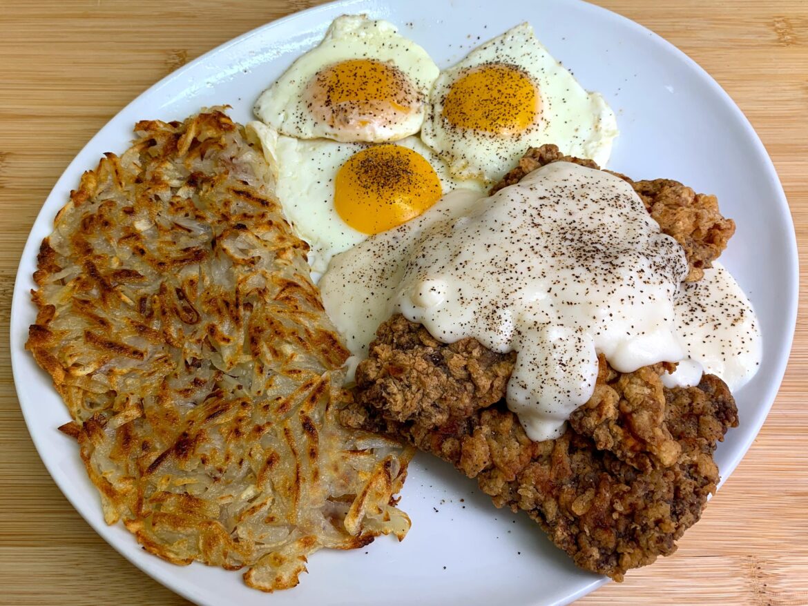 Chicken Fried Steak with Hash Browns and Eggs