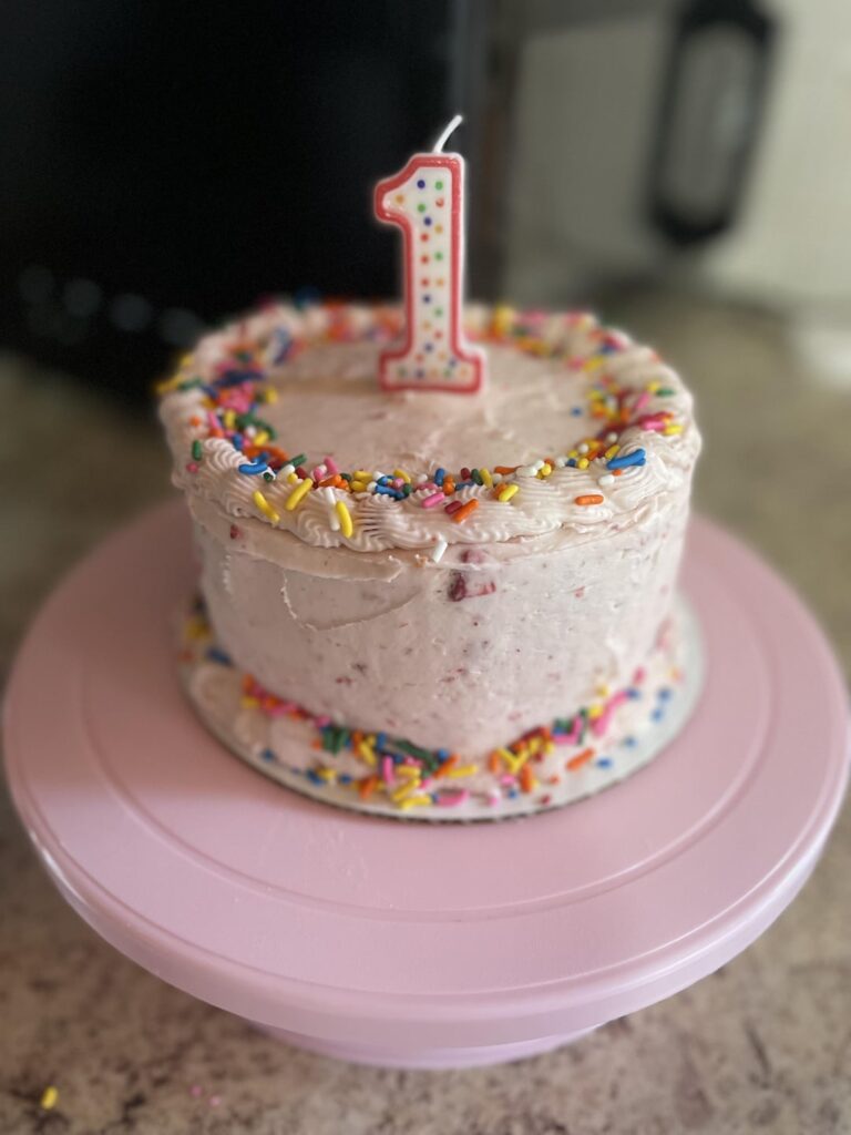 confetti cake w/ strawberry cream cheese frosting to celebrate one year sober
