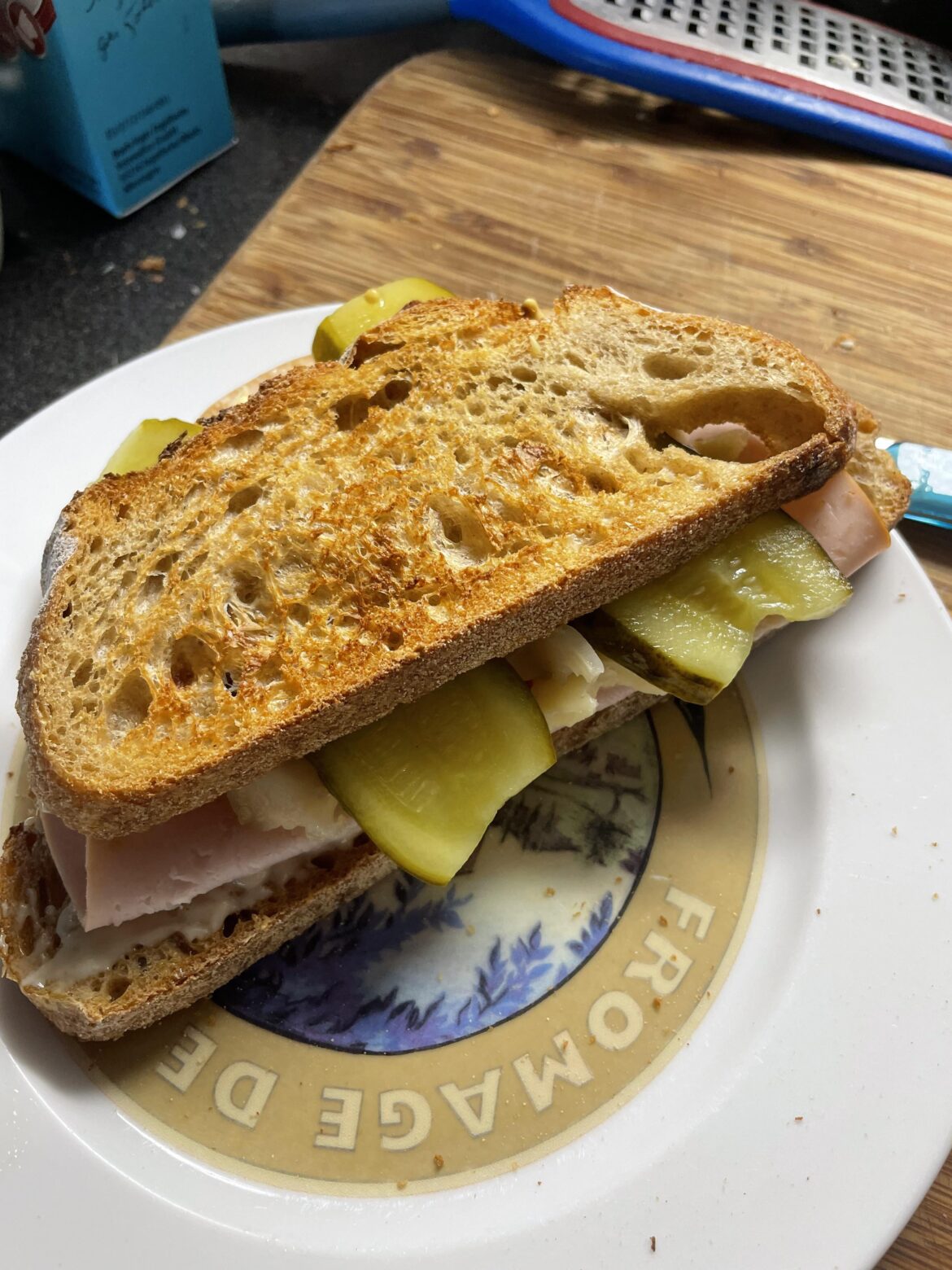 Post workout sandwich: Smoked turkey, saint nectaire cheese, homemade sauerkraut, sweet and sour pickles, mayo and mustard on toasted French country bread