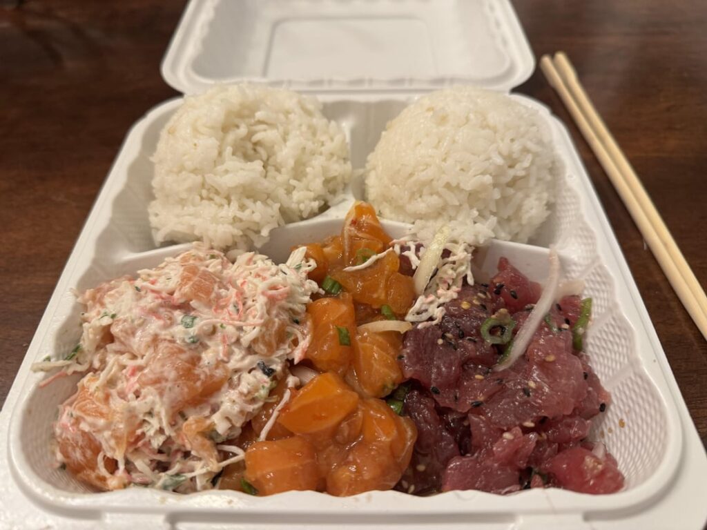 Calories for this 3-Scoop of Protein Poke with two scoops of rice? It was (left to right) Crab w/ Salmon, Sweet and Spicy Salmon, and Shoyu Ahi. I would estimate each rice ball to fit into a 1 cup measuring scoop (at its current size), and each scoop of protein to be around 2/3 cup.